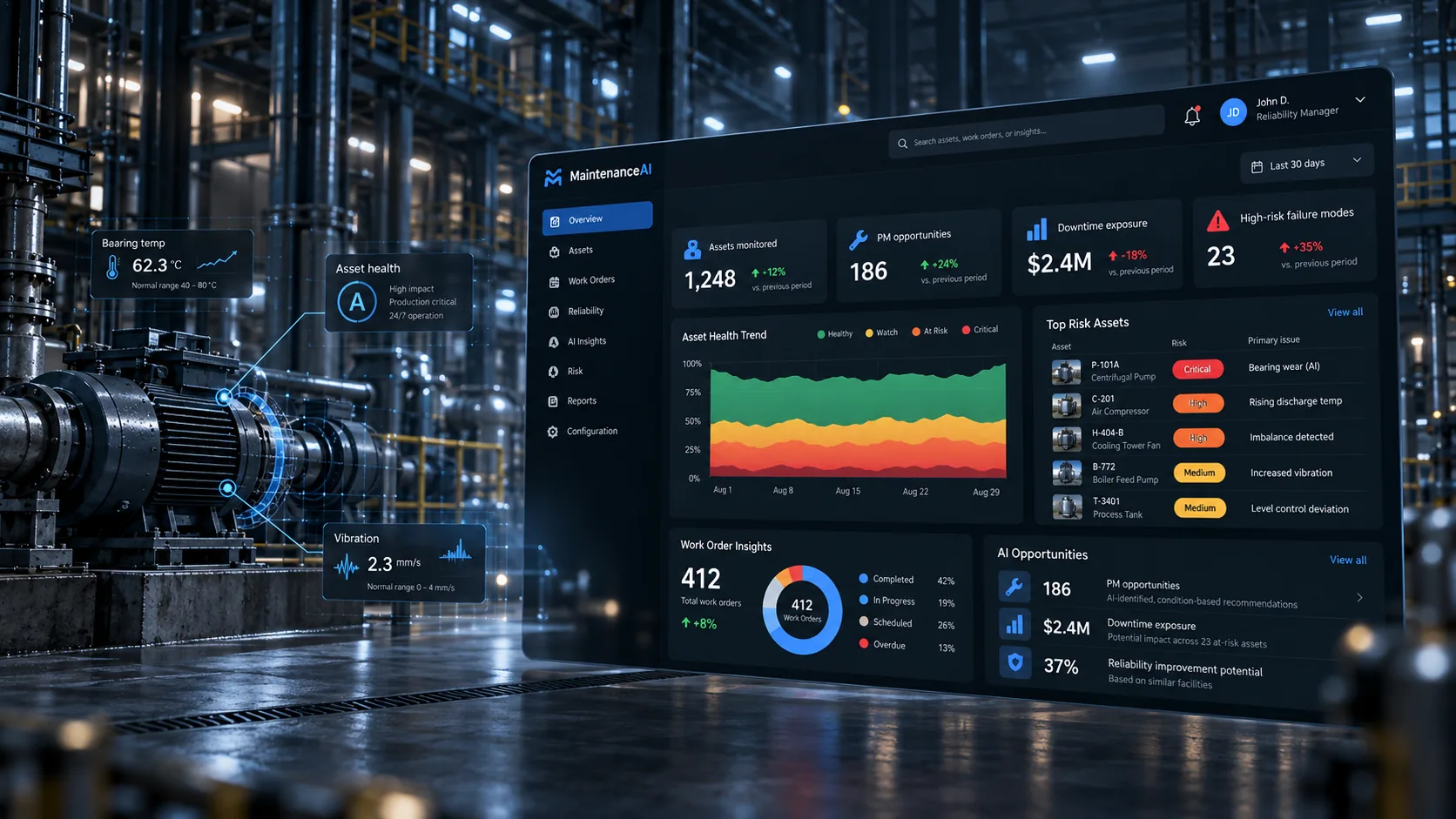 Concept visualization of MaintenanceAI analyzing industrial maintenance data